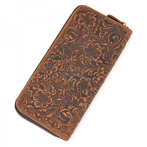 Men's Crazy Horse Leather Retro Embossing Fashion Long Wallet